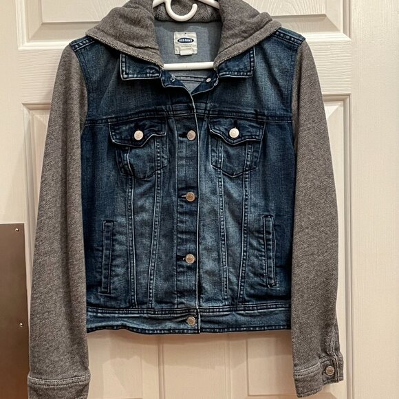 Old Navy Jean Jacket Sweater Hoodie Metal Buttons Adj. Waist Band Collar Size L - Picture 1 of 11